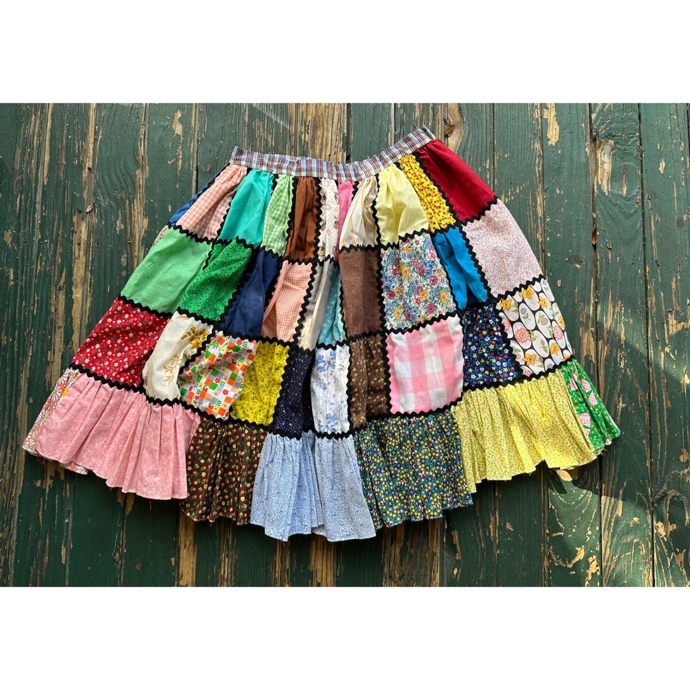 Vintage Handmade Patchwork Skirt Multi Color Ric … - image 1